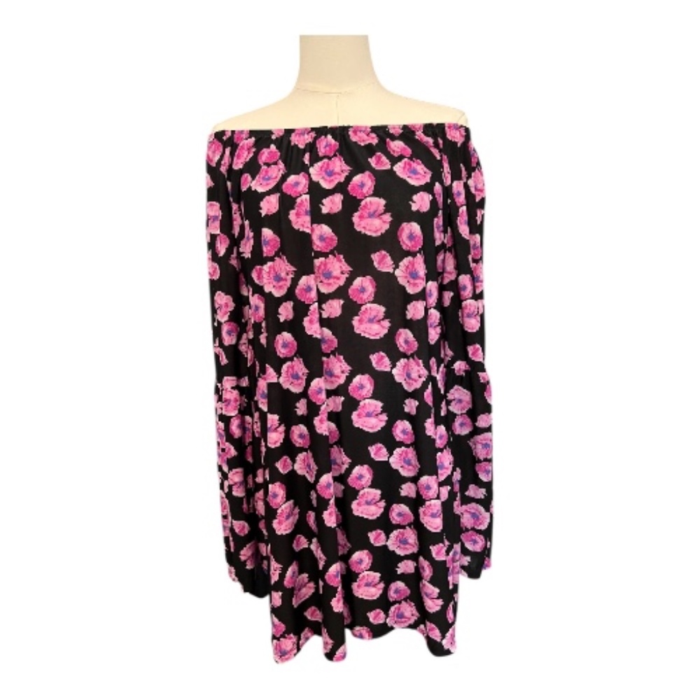👗 EUC WEST LOOP Black Off-Shoulder Floral Bell Sleeve Dress | Size XL